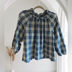 J CREW Reimagined Blue Plaid Smocked Neck Ruffle Peasant Top‎ 2X
